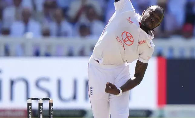 England's Jofra Archer bowls during the third cricket test match between England and India at Lord's cricket ground in London, Friday, July 11, 2025. (Bradley Collyer/PA via AP)