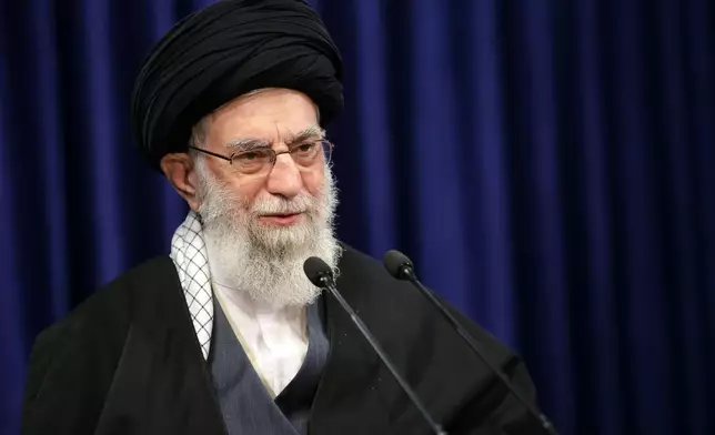 FILE - In this photo provided by the Office of the Iranian Supreme Leader, Supreme Leader Ayatollah Ali Khamenei addresses the nation in a televised speech in Tehran, Iran, on Jan. 8, 2021. (Office of the Iranian Supreme Leader via AP, File)