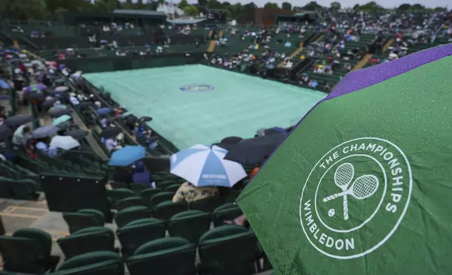 Spectators cover under umbrellas as rain delays play at the Wimbledon Tennis Championships in London, Saturday, July 5, 2025.(AP Photo/Kin Cheung)