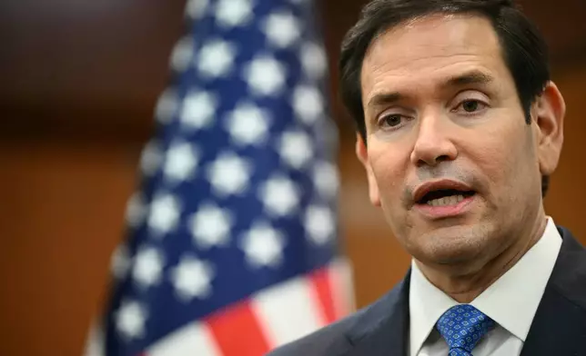 U.S. Secretary of State Marco Rubio gives a media briefing during the ASEAN Foreign Ministers' Meeting at the Convention Centre in Kuala Lumpur Friday, July 11, 2025. (Mandel Ngan/Pool Photo via AP)