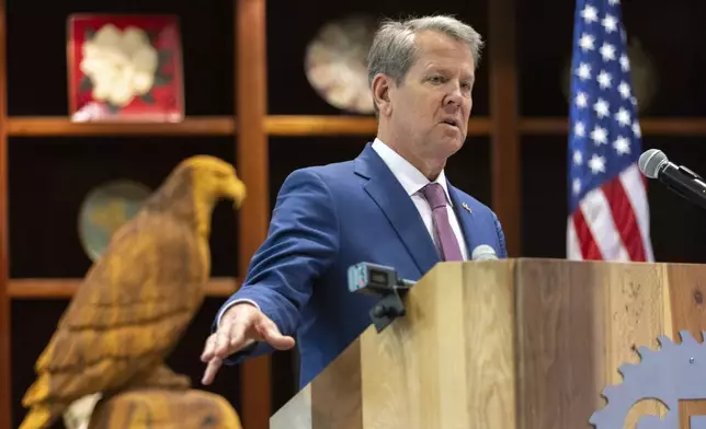 FILE - Gov. Brian Kemp speaks before signing Hurricane Helene relief bills at the Georgia Forestry Association in Forsyth, Ga., on May 8, 2025. (Arvin Temkar/Atlanta Journal-Constitution via AP, File)