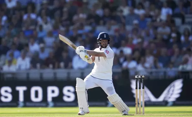 England's Ben Duckett plays a shot during the second day of the fourth cricket test match between England and India at Emirates Old Trafford, Manchester, England, Thursday, July 24, 2025. (AP Photo/Jon Super)