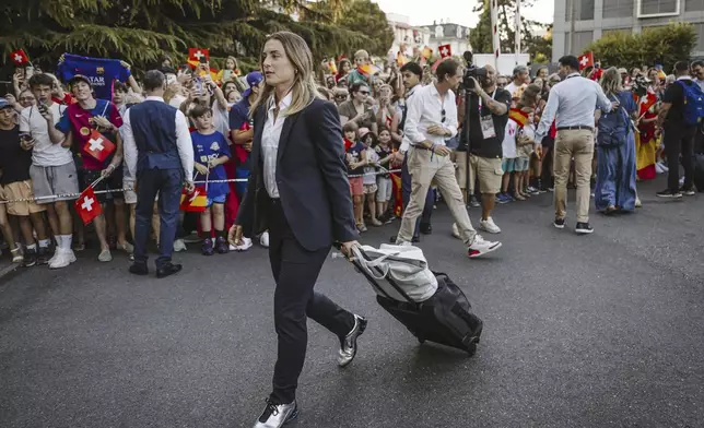 Spain's Alexia Putellas of the women's national football team arrives at the Royal Savoy hotel in Lausanne, Switzerland, on the sidelines of the UEFA Women's Euro 2025, Sunday, June 29, 2025. (Gabriel Monnet/Keystone via AP)