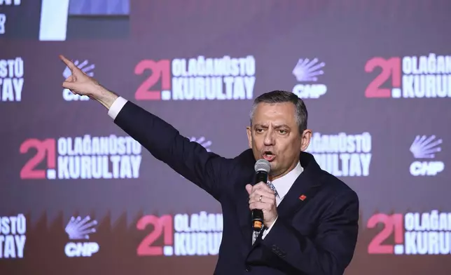 FILE - Republican People's Party or (CHP) leader Ozgur Ozel delivers a speech during a CHP convention, in Ankara, Sunday, April 6, 2025. (AP Photo/Ali Unal, File)