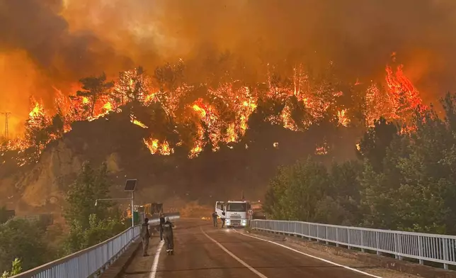 A wildfire rages across a forested area near Cavuslar village, in Karabuk district, northwest Turkey, Wednesday, July 23, 2025. (Ridvan Bostanci/IHA via AP)