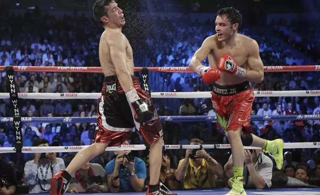 FILE - Julio Cesar Chavez Jr., right, lands a punch against Sergio Martinez during the WBC middleweight title fight, in Las Vegas, Sept. 15, 2012. Martinez won by unanimous decision. (AP Photo/Julie Jacobson, File)