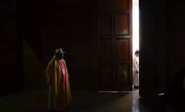 A priest takes part in a celebration of the Virgen de Carmen or Our Lady of Mount Carmel, Chile's patron saint, in La Tirana, Chile, Wednesday, July 16, 2025. (AP Photo/Esteban Felix)