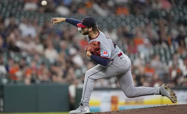 Cleveland Guardians starting pitcher Slade Cecconi throws against the Houston Astros during the first inning of a baseball game Wednesday, July 9, 2025, in Houston. (AP Photo/David J. Phillip)