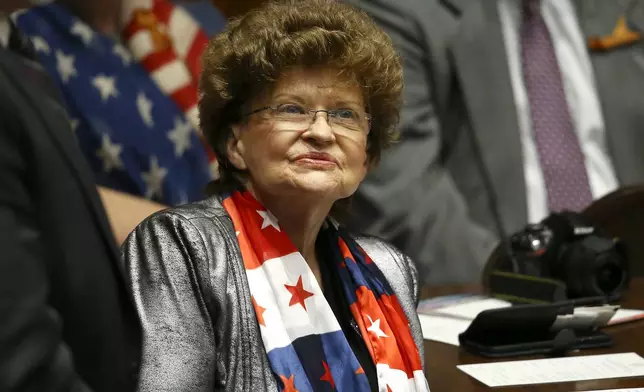 Arizona state Rep. Gail Griffin, R-Hereford, looks to the gallery from the floor of the House of Representatives at the Capitol on the opening day of the legislative session in Phoenix, Jan. 13, 2020. (AP Photo/Ross D. Franklin)