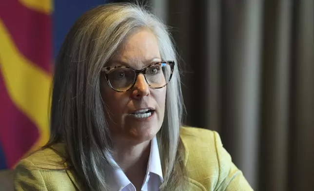 FILE - Arizona Democratic Gov. Katie Hobbs talks about the legislative session and other top issues in Arizona during an interview at the Capitol in Phoenix, July 10, 2025. (AP Photo/Ross D. Franklin, File)