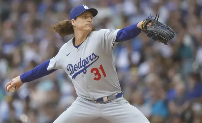 Los Angeles Dodgers starting pitcher Tyler Glasnow throws to the Milwaukee Brewers during the first inning of a baseball game, Wednesday, July 9, 2025, in Milwaukee. (AP Photo/Jeffrey Phelps)