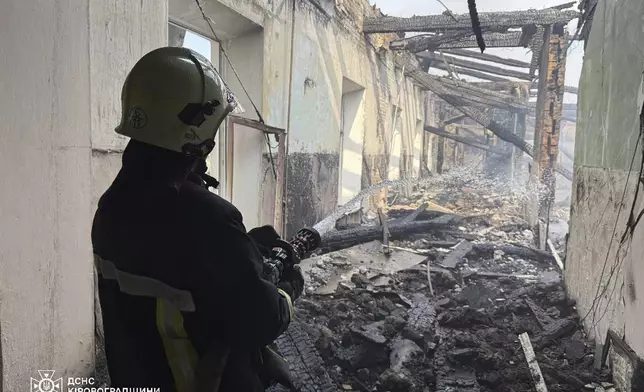 In this photo provided by the Ukrainian Emergency Service, firefighters put out the fire in a fire department school following a Russian air attack in Kropyvnytskyi, Ukraine, Monday, July 28, 2025. (Ukrainian Emergency Service via AP)