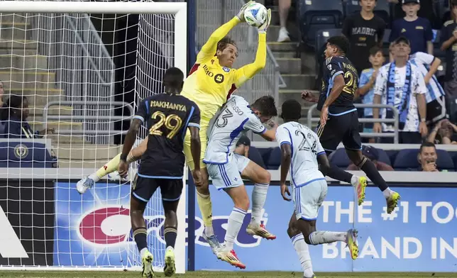CF Montréal's Sebastian Breza, second from left, blocks a shot during the first half of an MLS soccer match against the Philadelphia Union, Wednesday, July 16, 2025, in Chester, Pa. (AP Photo/Matt Slocum)