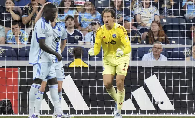 CF Montréal's Sebastian Breza reacts during the first half of an MLS soccer match against the Philadelphia Union, Wednesday, July 16, 2025, in Chester, Pa. (AP Photo/Matt Slocum)