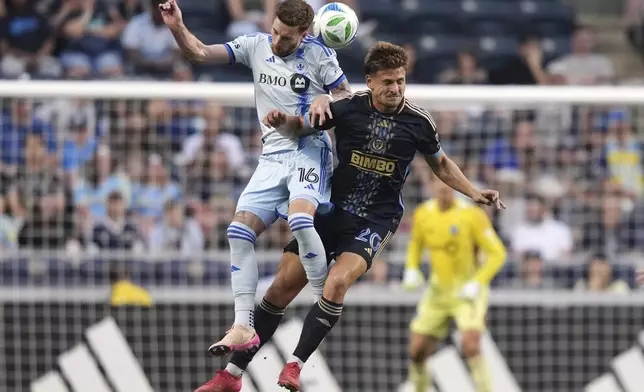 CORRECTS PLAYER'S NAME TO JOEL WATERMAN NOT TYRESE SPICER AND TEAM TO CF MONTREAL NOT TORONTO FC - CF Montreal's Joel Waterman, left, and Philadelphia Union's Bruno Damiani leap for the ball during the first half of an MLS soccer match, Wednesday, July 16, 2025, in Chester, Pa. (AP Photo/Matt Slocum)