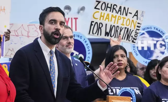 Democrat mayoral candidate Zohran Mamdani speaks during a rally at the Hotel &amp; GamingTrades Council headquarters in New York, Wednesday, July 2, 2025. (AP Photo/Richard Drew)