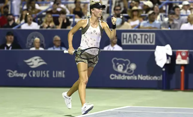 Magdalena Frech, of Poland, reacts during a match against Venus Williams at the Citi Open tennis tournament Thursday, July 24, 2025, in Washington. (AP Photo/Nick Wass)