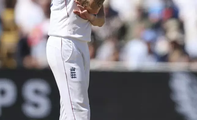 England captain Ben Stokes reacts after bowling a delivery on day one of the second cricket test match between England and India at Edgbaston in Birmingham, England, Wednesday, July 2, 2025. (AP Photo/Scott Heppell)