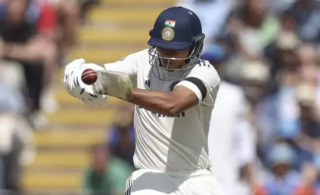 India's Yashasvi Jaiswal plays a shot on day one of the second cricket test match between England and India at Edgbaston in Birmingham, England, Wednesday, July 2, 2025. (AP Photo/Scott Heppell)