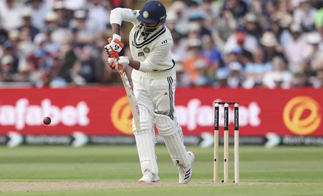 India's Ravindra Jadeja bats on day one of the second cricket test match between England and India at Edgbaston in Birmingham, England, Wednesday, July 2, 2025. (AP Photo/Scott Heppell)