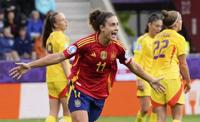 Spain's Alexia Putellas who was named player of the match celebrates after scoring her side's sixth goal during the Euro 2025, group B, soccer match between Spain and Belgium at Arena Thun in Thun, Switzerland, Monday, July 7, 2025. (AP Photo/Martin Meissner)