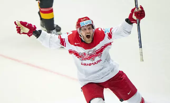 FILE - Denmark's Nikolaj Ehlers reacts after against German during a Group B match between Germany and Denmark at the hockey world championships, May 20, 2025, in Herning, Denmark. (Bo Amstrup/Ritzau Scanpix via AP, File)