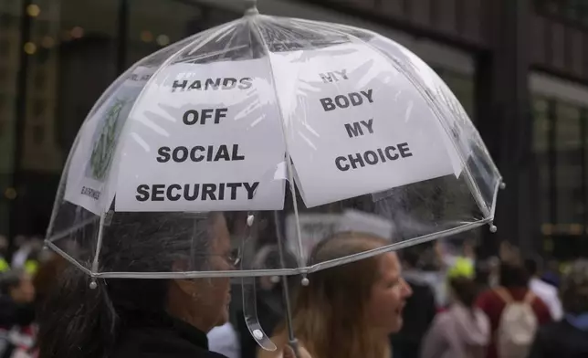 A protester carries an umbrella as people rally in Daley Plaza as a part of nationwide Good Trouble Lives On activities Thursday, July 17, 2025, in Chicago. (AP Photo/Erin Hooley)