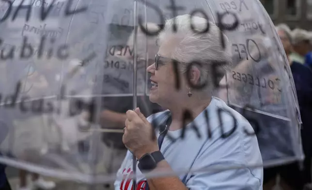 Sandra Shepherd holds a clear dome umbrella marked with messages against some of the Trump's administration policies, during the annual Rep. John Lewis Way March, honoring the late congressman and civil rights leader, in Nashville, Tenn., Saturday, July 19, 2025. (AP Photo/George Walker IV)