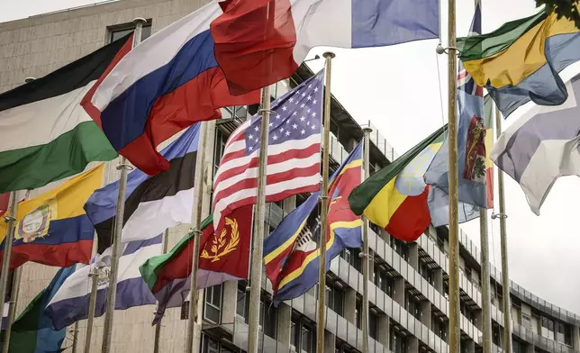 The U.S flag flies among others at the UNESCO headquarters Tuesday, July 22, 2025 in Paris. (AP Photo/Thomas Padilla)
