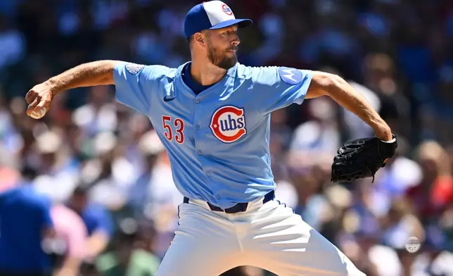Chicago Cubs starter Colin Rea delivers during the first inning of a baseball game against the Boston Red Sox, Friday, July 18, 2025, in Chicago. (AP Photo/Paul Beaty)