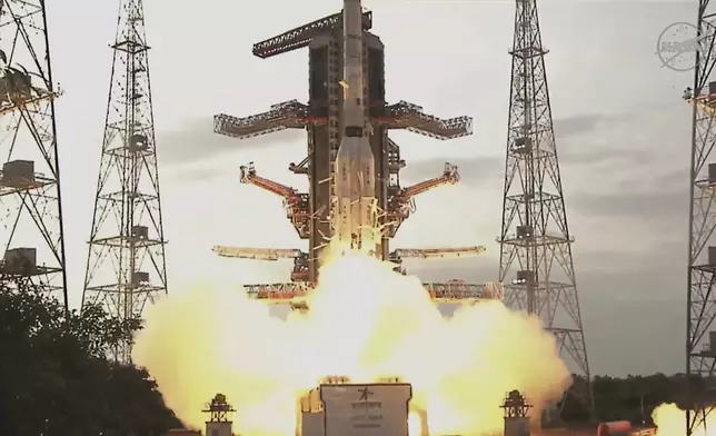 This image provided by NASA shows an Earth-mapping satellite, the first collaborative mission between NASA and the Indian Space Research Organization, launching from India on Wednesday, July 30, 2025. (NASA via AP)