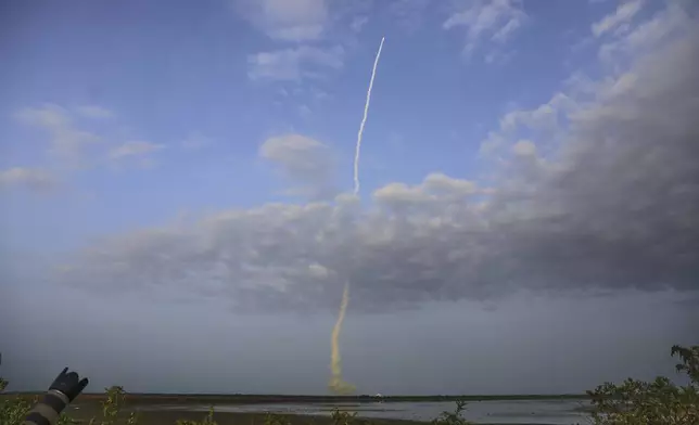The NISAR satellite, a joint mission by NASA and ISRO, lifts off aboard a GSLV-F16 rocket, from the Satish Dhawan Space Centre in Sriharikota, India, Wednesday, July 30, 2025. (AP Photo/R. Parthibhan)