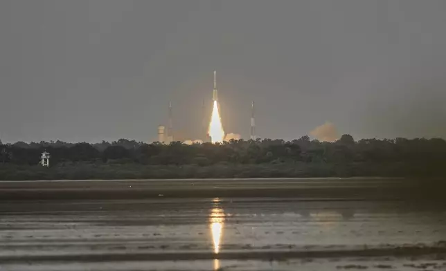 The NISAR satellite, a joint mission by NASA and ISRO, lifts off aboard a GSLV-F16 rocket, from the Satish Dhawan Space Centre in Sriharikota, India, Wednesday, July 30, 2025. (AP Photo/R. Parthibhan)