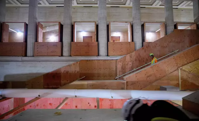 The grand atrium is visible as renovations continue on the Federal Reserve, Thursday, July 24, 2025, in Washington. (Andrew Harnik/Pool Photo via AP)