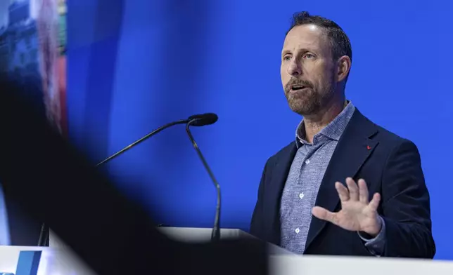 Jeffrey Housenbold, CEO and president of MrBeast, speaks during a Nasdaq closing bell ceremony Wednesday, July 23, 2025, in New York's Times Square. (AP Photo/Stefan Jeremiah)
