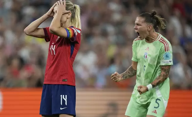 Italy's Elena Linari, right, reacts as Norway's Ada Hegerberg missing a scoring chance during the Women's Euro 2025 quarterfinals soccer match between Norway and Italy at Stade de Geneve in Geneva, Switzerland, Wednesday, July 16, 2025. (AP Photo/Martin Meissner)