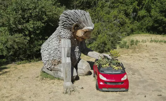 A giant troll sculpture created by the Danish recycle artist Thomas Dambo and his team that's part of an installation of six sculptures called "Trolls Save the Humans" is seen on display at the historic estate Filoli, Saturday, July 5, 2025, in Woodside, Calif. (AP Photo/Terry Chea)