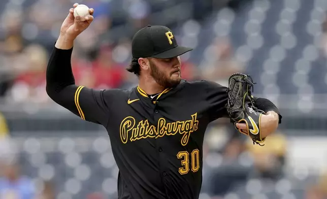 Pittsburgh Pirates pitcher Paul Skenes delivers during the first inning of a baseball game against the St. Louis Cardinals, Tuesday, July 1, 2025, in Pittsburgh. (AP Photo/Matt Freed)