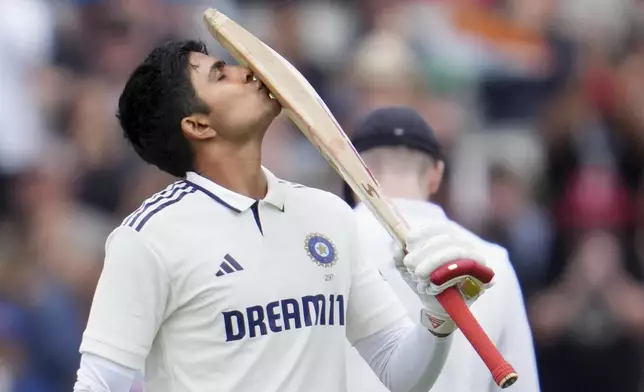 India's captain Shubman Gill celebrates after scoring a century on the final day of the fourth cricket test match between England and India at Emirates Old Trafford, Manchester, England, July 27, 2025.(AP Photo/Jon Super)