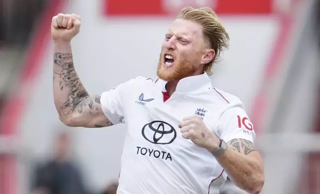 England's captain Ben Stokes celebrates the dismissal of India's KL Rahul on the final day of the fourth cricket test match between England and India at Emirates Old Trafford, Manchester, England, July 27, 2025.(AP Photo/Jon Super)