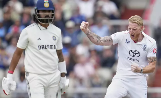 England's captain Ben Stokes celebrates the dismissal of India's KL Rahul, left, on the final day of the fourth cricket test match between England and India at Emirates Old Trafford, Manchester, England, July 27, 2025.(AP Photo/Jon Super)