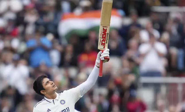 India's captain Shubman Gill celebrates after scoring a century on the final day of the fourth cricket test match between England and India at Emirates Old Trafford, Manchester, England, July 27, 2025.(AP Photo/Jon Super)