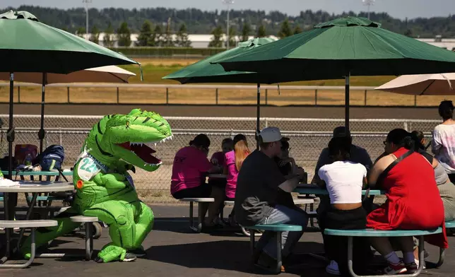 A participant T-Rex sits before a race during the "T-Rex World Championship Races" at Emerald Downs, Sunday, June 29, 2025, in Auburn, Wash. (AP Photo/Lindsey Wasson)