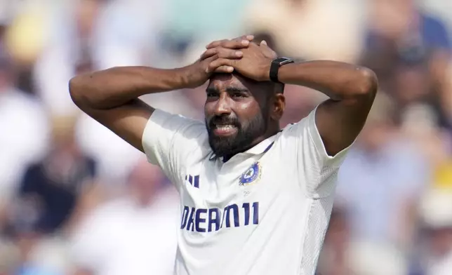 India's Mohammed Siraj reacts after bowls a delivery on the third day of the fourth cricket test match between England and India at Emirates Old Trafford, Manchester, England, Friday, July 25, 2025. (AP Photo/Jon Super)