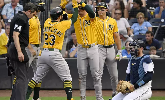 Athletics' Shea Langeliers (23) celebrates his three-run home run during the first inning of a baseball game against the Tampa Bay Rays, Monday, June 30, 2025, in Tampa, Fla. (AP Photo/Jason Behnken)