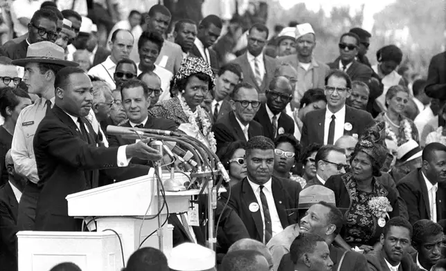 FILE - Martin Luther King Jr., head of the Southern Christian Leadership Conference, speaks to thousands during his "I Have a Dream" speech at the Lincoln Memorial during the March on Washington for Jobs and Freedom, Aug. 28, 1963, in Washington. (AP Photo/File)
