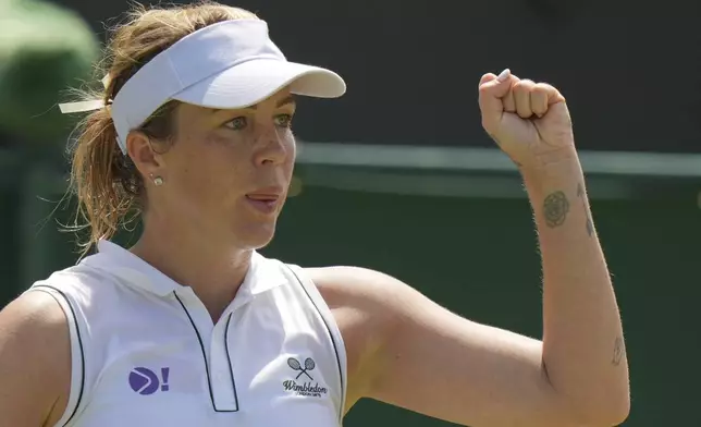 Russia's Anastasia Pavlyuchenkova reacts after beating Naomi Osaka of Japan during a third round women's singles match at the Wimbledon Tennis Championships in London, Friday, July 4, 2025.(AP Photo/Alastair Grant)