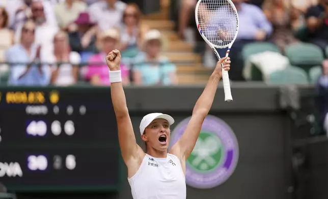 Iga Swiatek of Poland celebrates winning the women's singles quarter final match against Liudmilla Samsonova of Russia at the Wimbledon Tennis Championships in London, Wednesday, July 9, 2025.(AP Photo/Kirsty Wigglesworth)