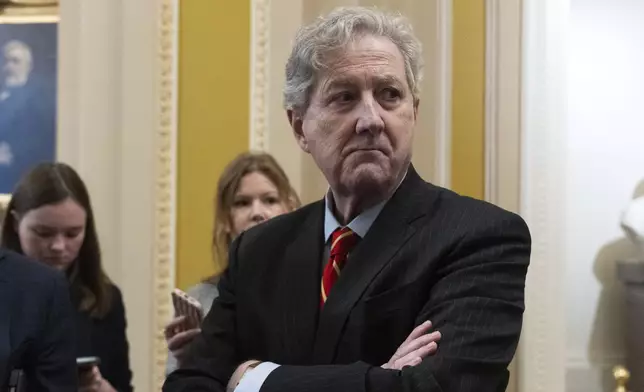 Sen. John Kennedy, R-La., speaks to reporters outside the Senate chamber as Republicans begin a final push to advance President Donald Trump's tax breaks and spending cuts package, at the Capitol in Washington, Monday, June 30, 2025. (AP Photo/Manuel Balce Ceneta)