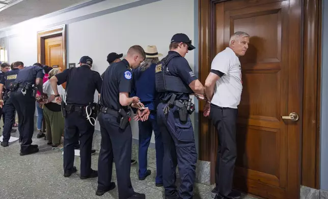 U.S. Capitol Police arrest protesters after they disrupted shouting a Senate Appropriations Committee hearing where Office of Management and Budget director Russell Vought was testifying on the rescissions package, at the Capitol in Washington, Wednesday, June 25, 2025. (AP Photo/J. Scott Applewhite)